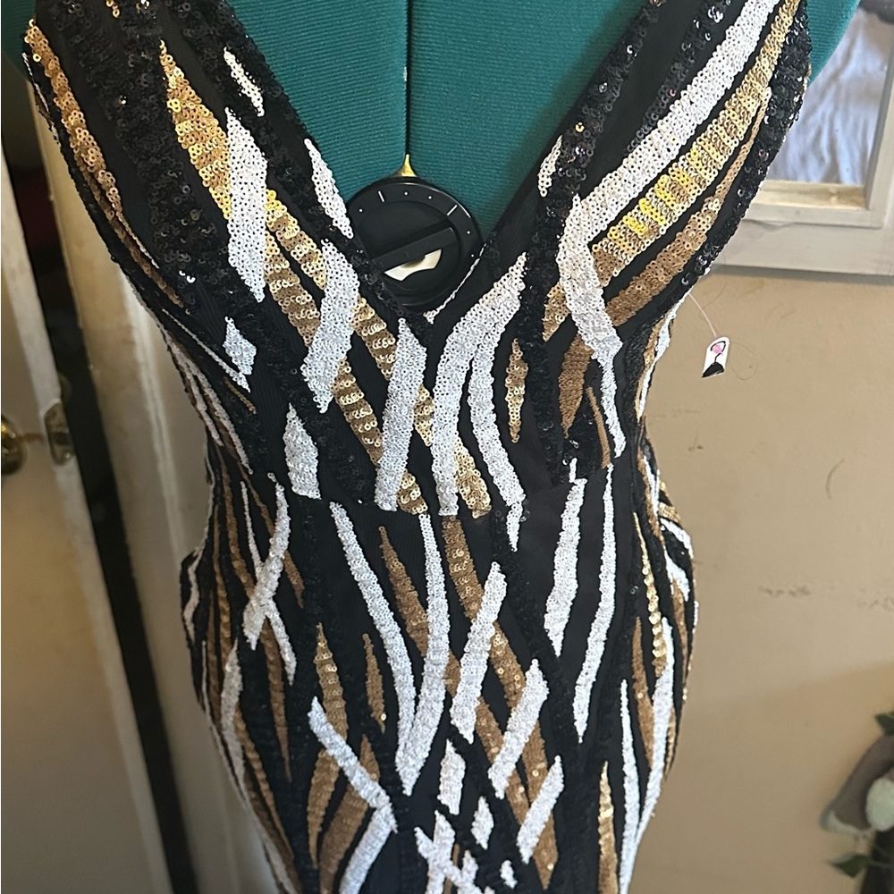 Hot Miami Styles Black and Gold Sequin Maxi Dress
